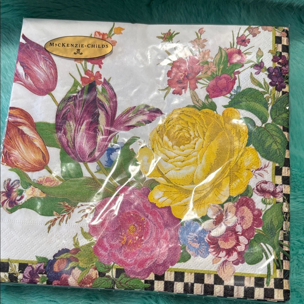 MacKenzie-Childs Floral Napkins with Yellow and Pink Blooms Flower market white